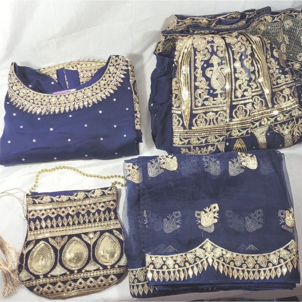 Haseens Women's 4pc Salwar Kameez Palazzo w/ Dupatta & Purse - Blue/Gold - M